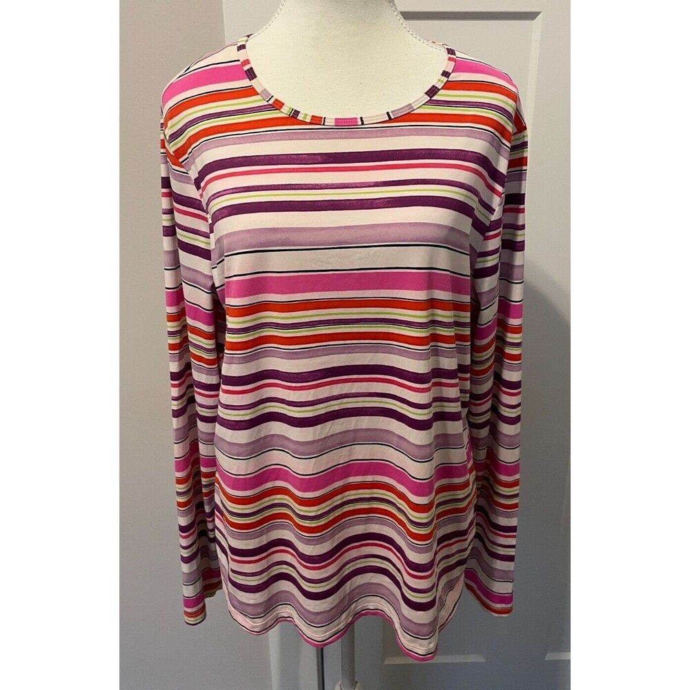 LANDS END Women Swim Shirt RASH GUARD Long Sleeve PINK White STRIPE Size L 14-16